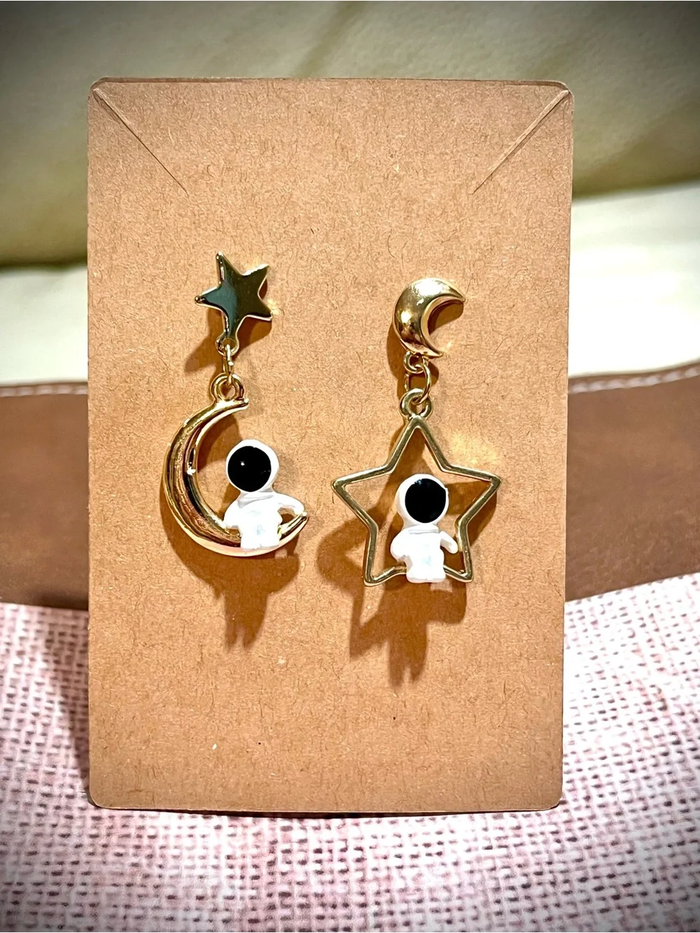 Gold Astronaut Moon & Star Dangle Earrings